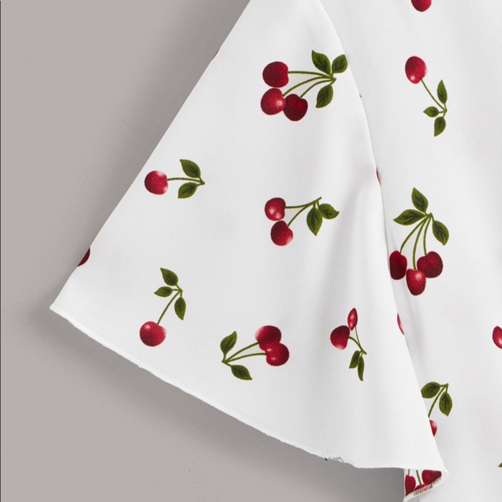 White Cherry 🍒 Print Peplum Ruffle Edge Top - Picture 2 of 7